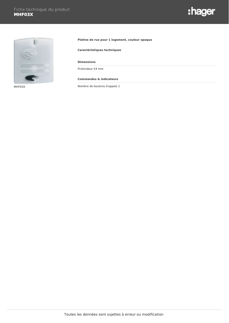 Página 1 del manual Ficha técnica Hager MHF03X