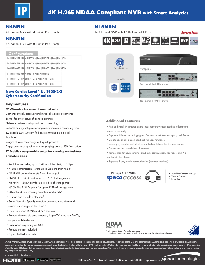 Página 1 del manual Ficha técnica Speco Technologies N8NRN