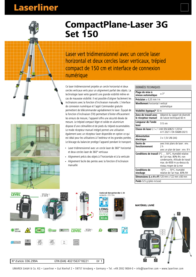 Página 1 del manual Ficha técnica Laserliner CompactPlane-Laser 3G