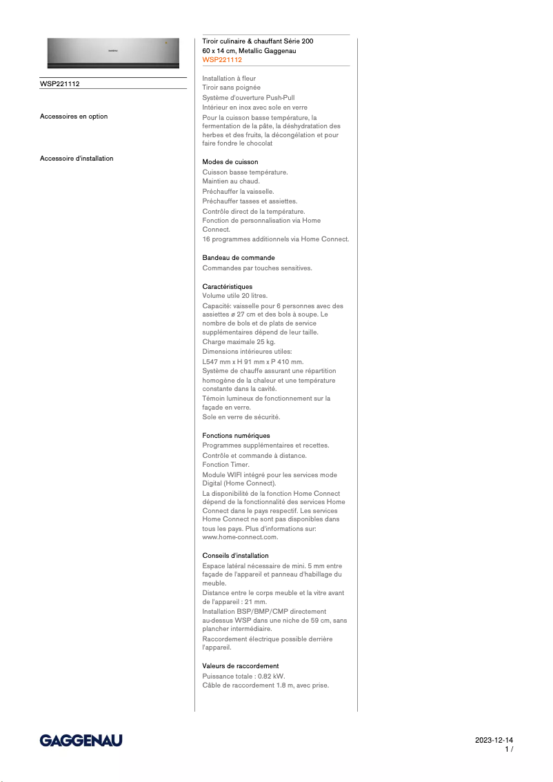 Página nº 1 - Ficha técnica Gaggenau WSP221112
