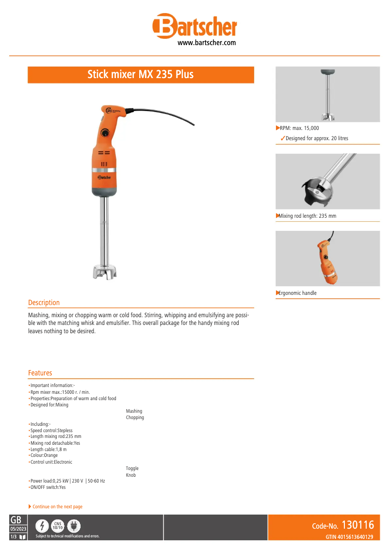 Página 1 del manual Ficha técnica Bartscher MX 235 Plus
