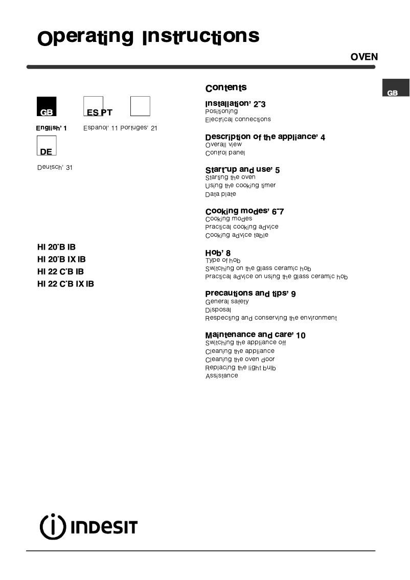 Página 1 del manual Manual de usuario Indesit HI 20.B (WH) IB