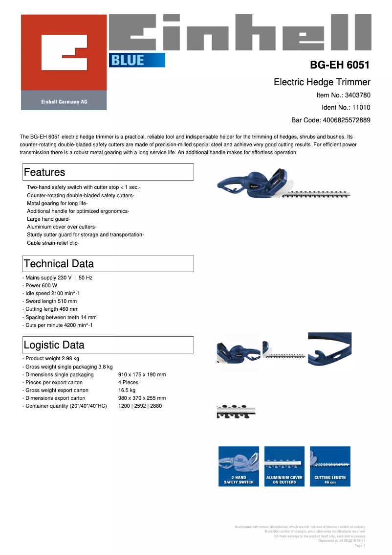 Página 1 del manual Ficha técnica Einhell BG-EH 6051