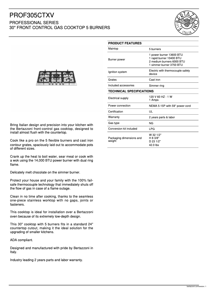 Página 1 del manual Ficha técnica Bertazzoni PROF305CTXV