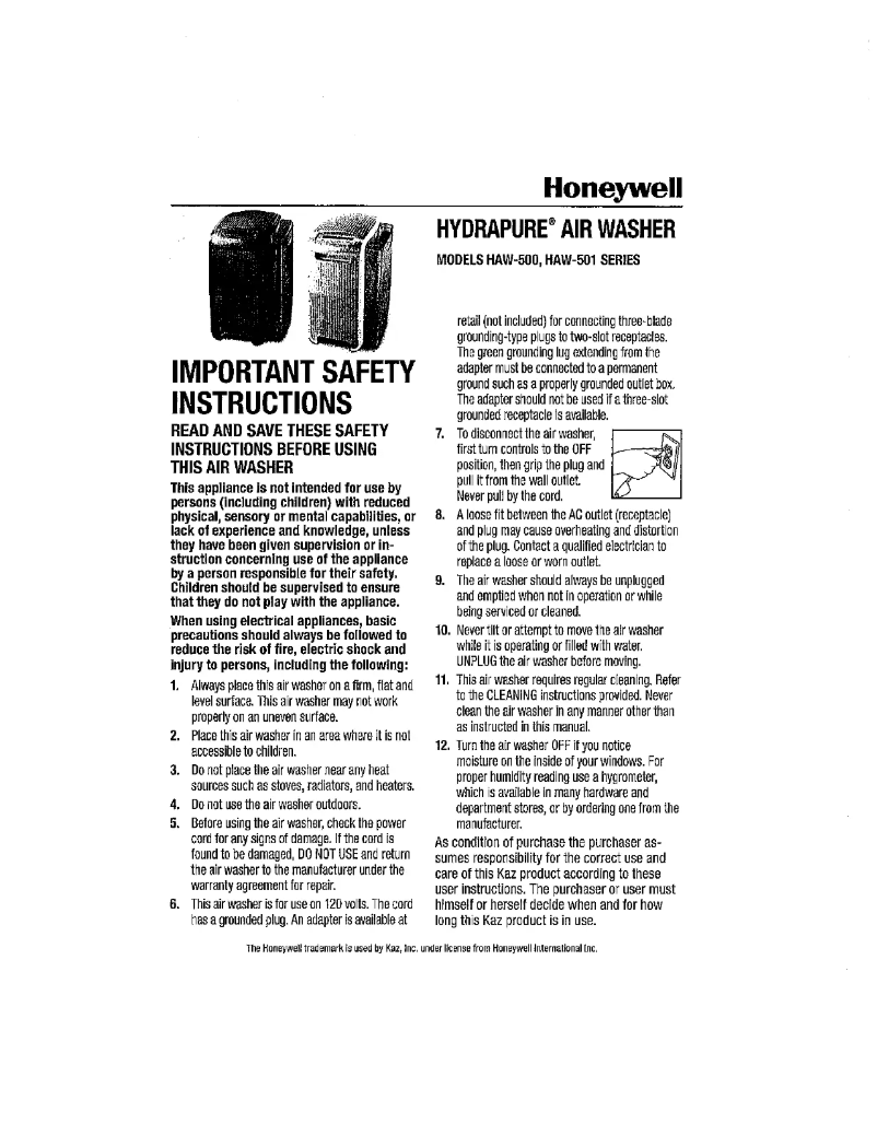 Página nº 1 - Manual de usuario Honeywell HAW-501