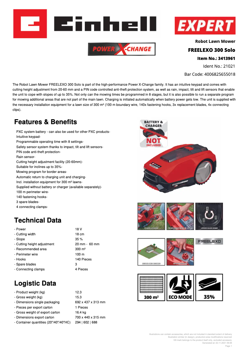 Página 1 del manual Ficha técnica Einhell FREELEXO 300 Solo