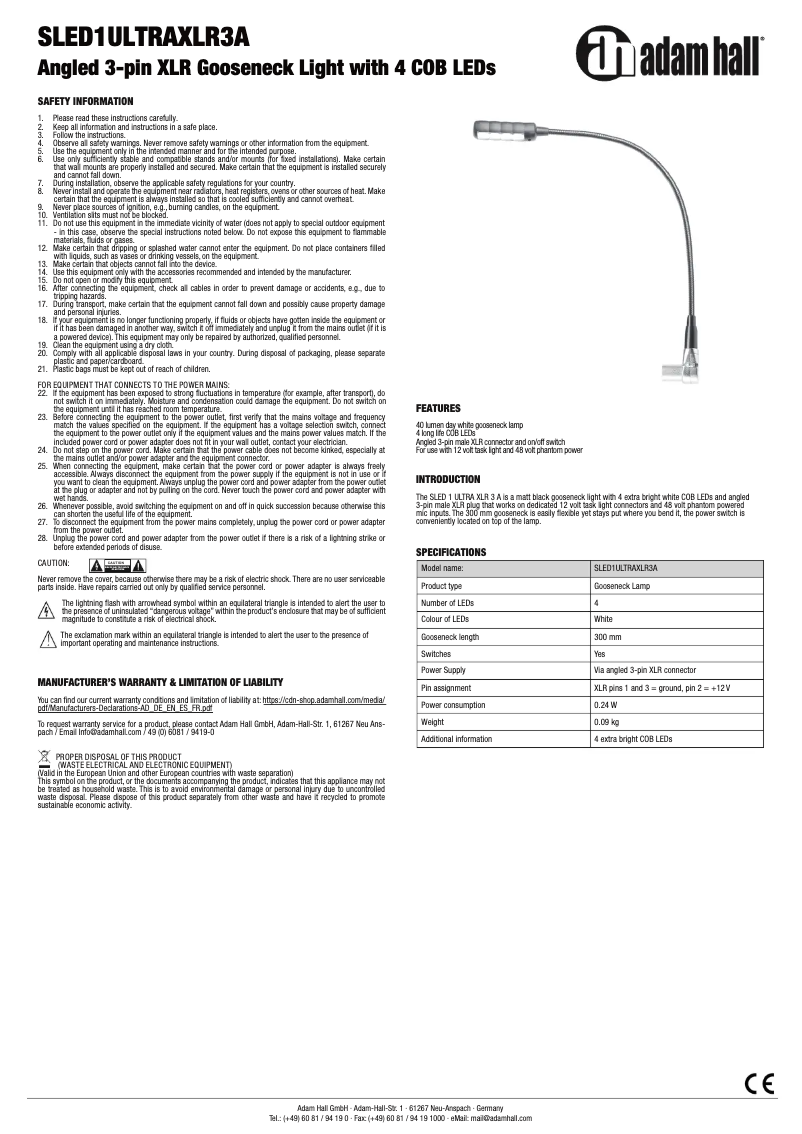 Página 1 del manual Manual de usuario Adam Hall SLED1ULTRAXLR3A