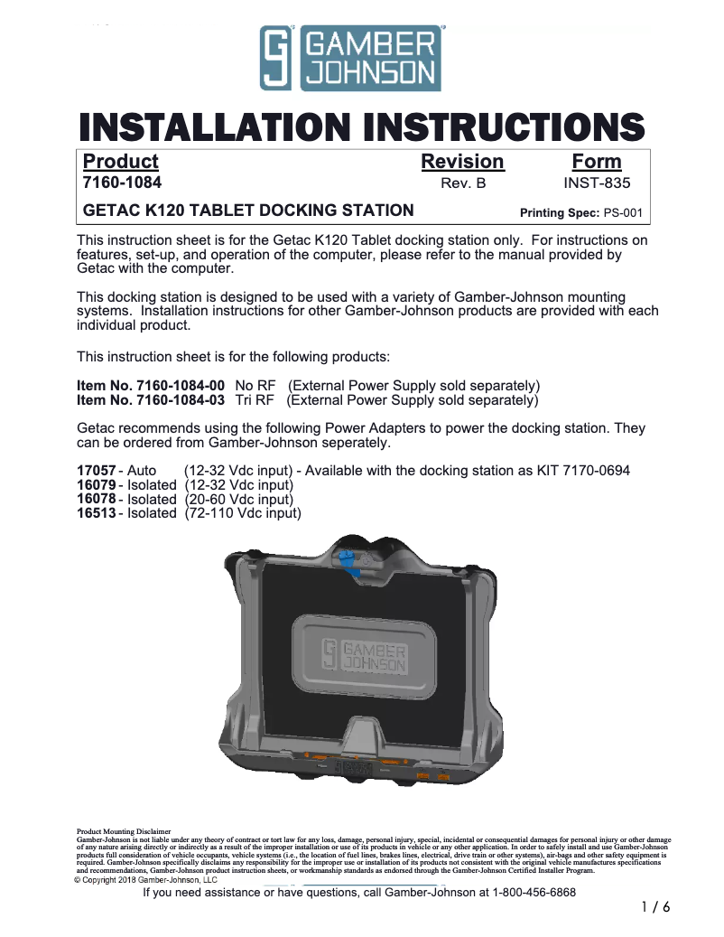 Página 1 del manual Manual de usuario Gamber-Johnson 7160-1084