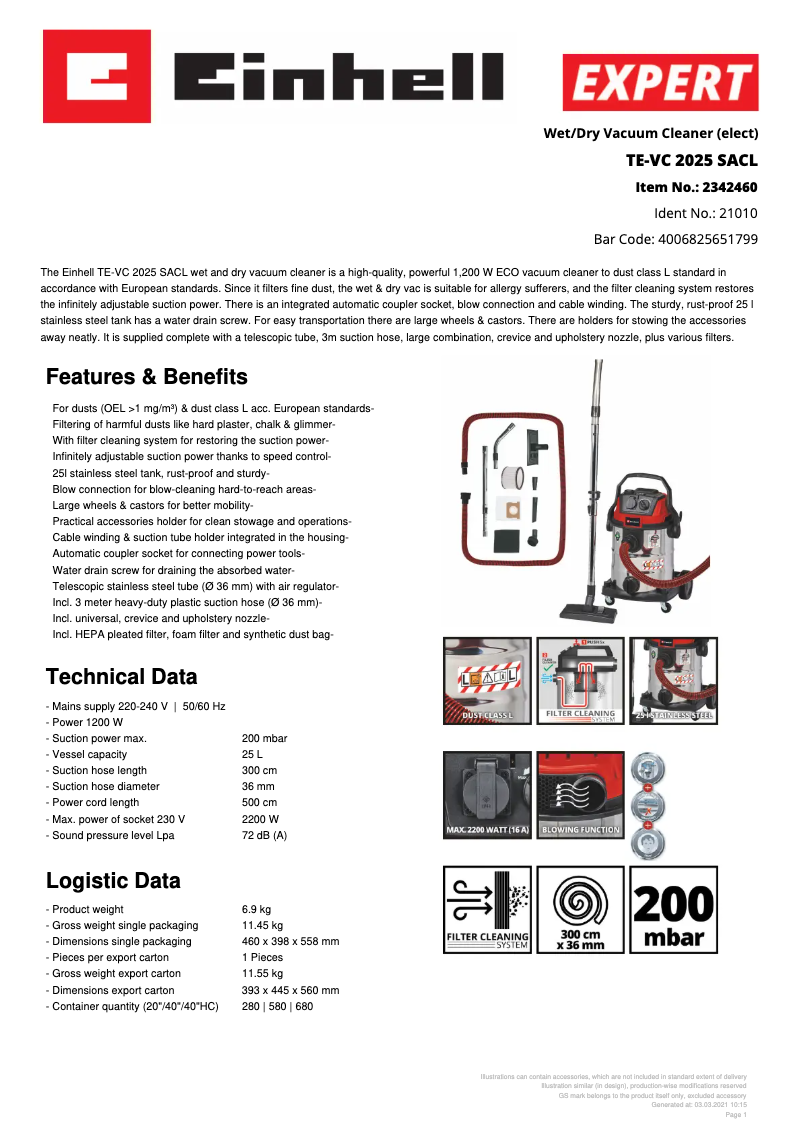 Página 1 del manual Ficha técnica Einhell TE-VC 2025 SACL