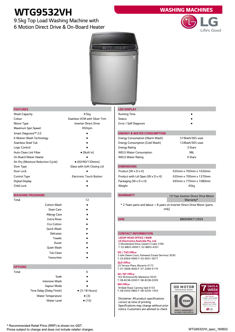 Página 1 del manual Ficha técnica LG WTG9532VH
