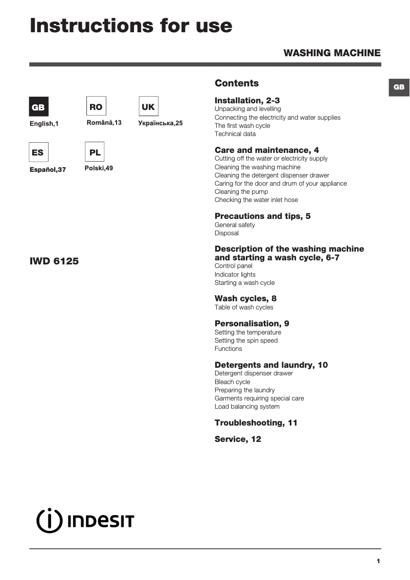 Página 1 del manual Manual de usuario Indesit IWD 6125 (EU)