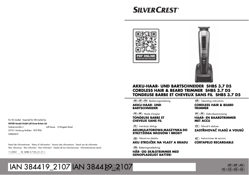 Imagen de la primera página del manual del dispositivo SHBS 3.7 D5