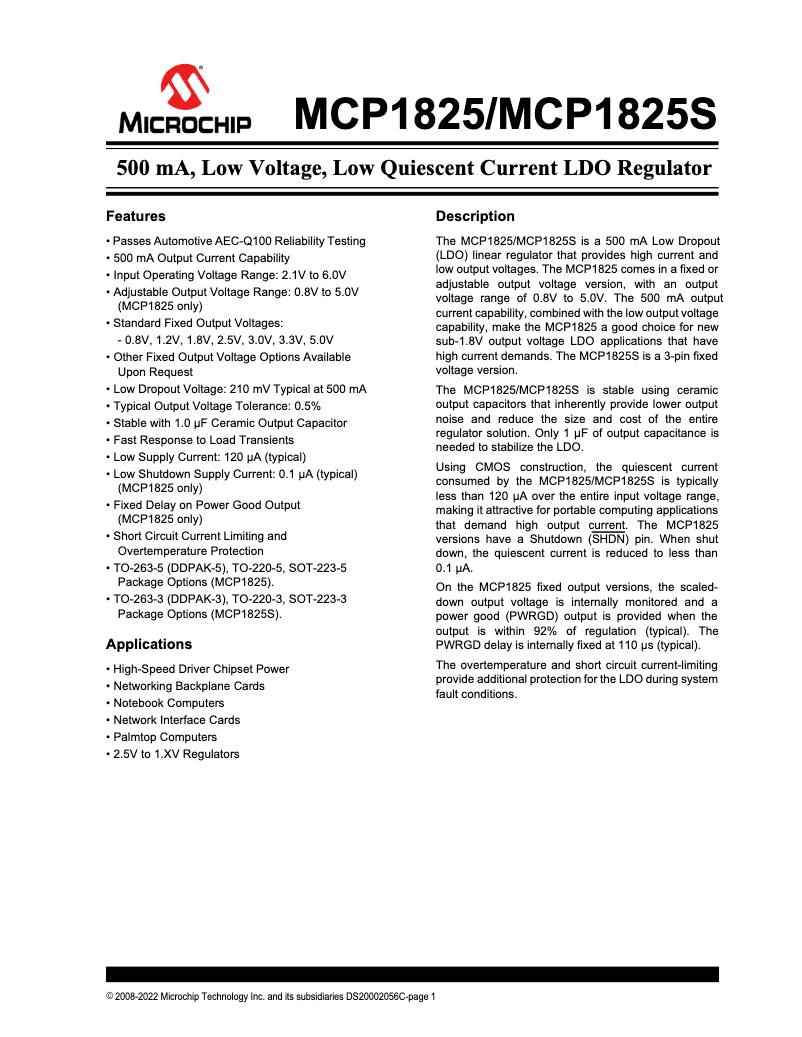 Imagen de la primera página del manual del dispositivo MCP1825S