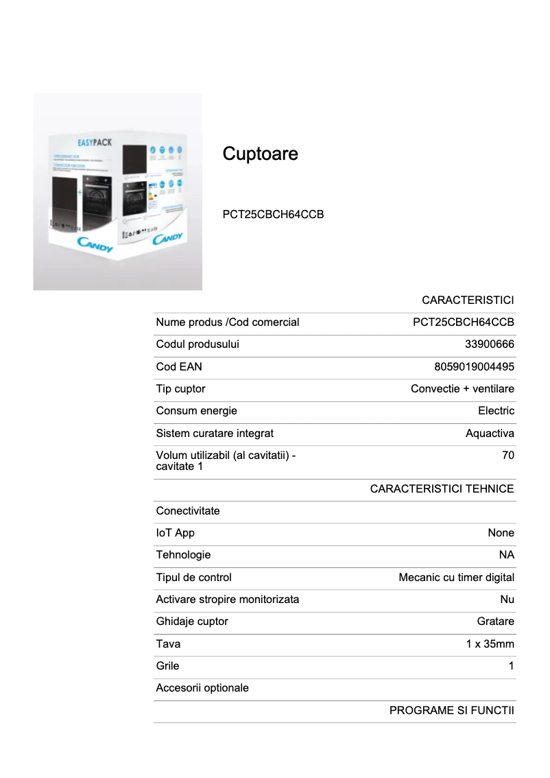 Página 1 del manual Ficha técnica Candy PCT25CBCH64CCB