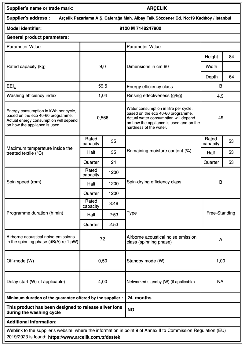 Página 1 del manual Ficha técnica Arçelik 9120 M