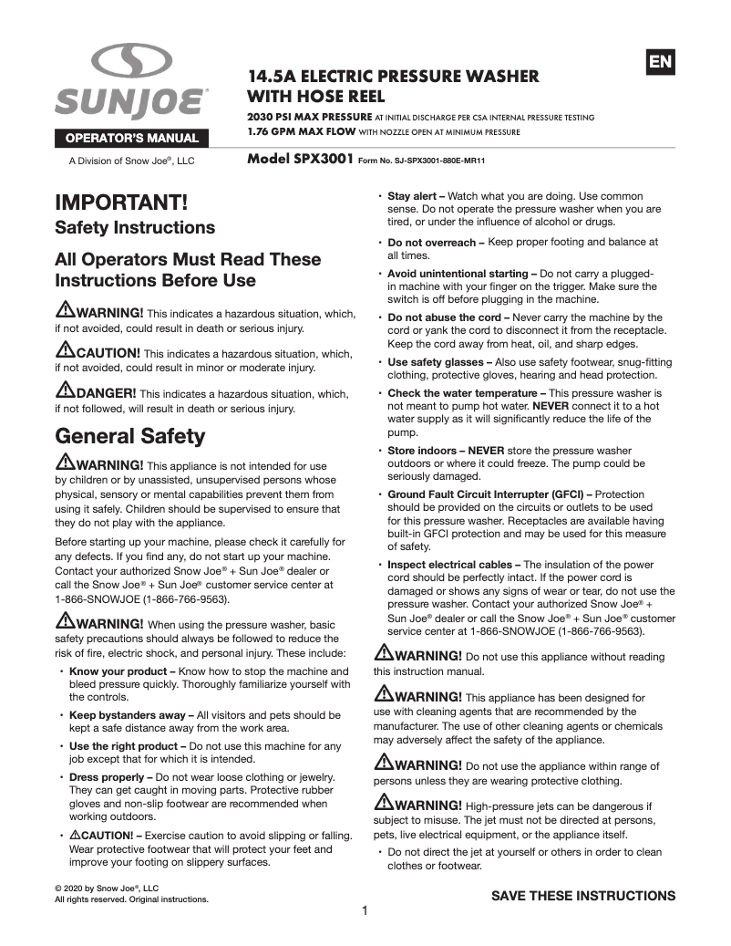Página nº 1 - Manual de usuario Sun Joe SPX3001