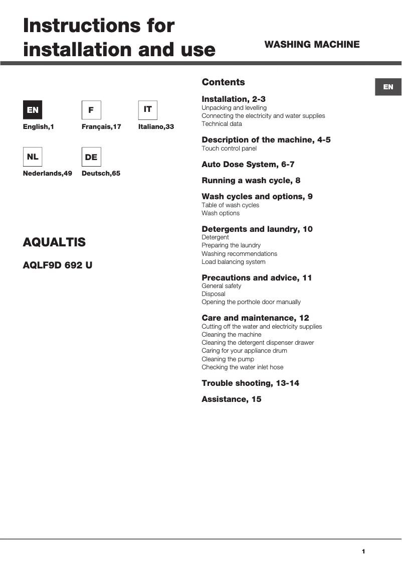 Página 1 del manual Manual de usuario Hotpoint Aqualtis AQLF9D 692 U