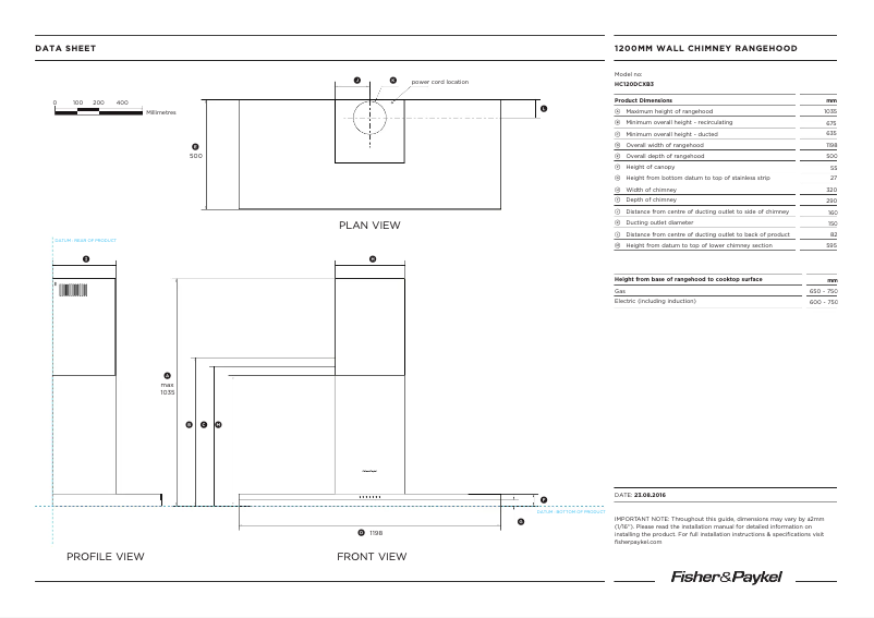 Página 1 del manual Ficha técnica Fisher & Paykel HC120DCXB3