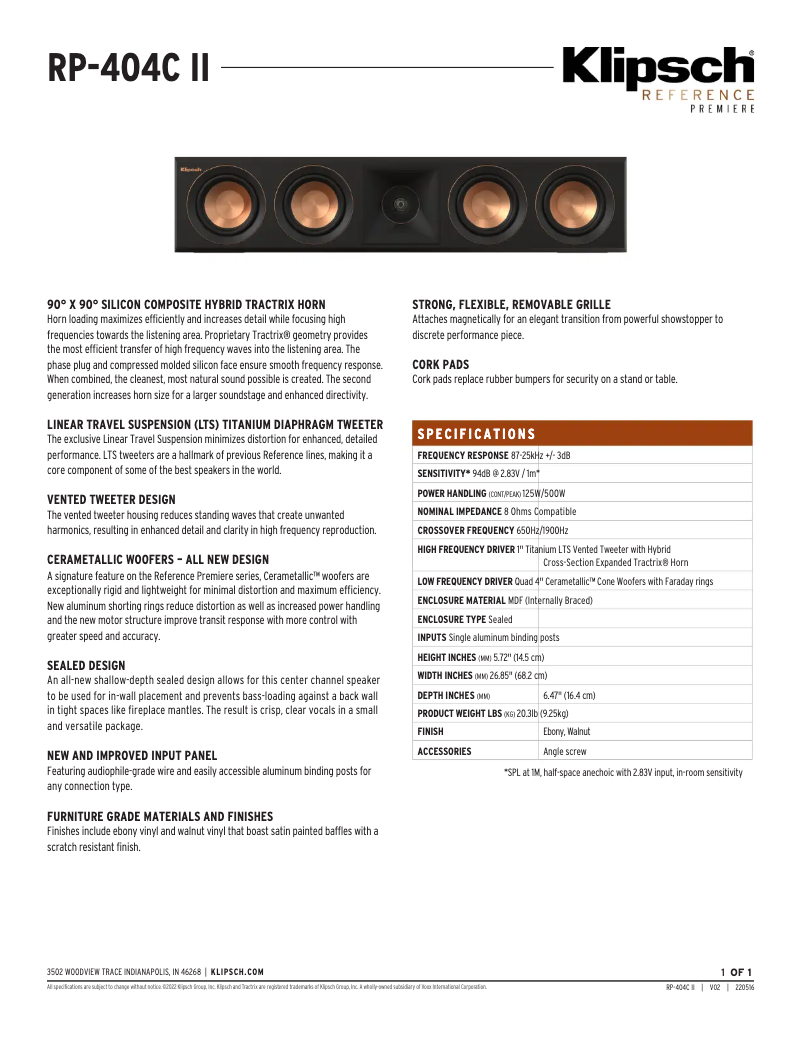 Página 1 del manual Ficha técnica Klipsch Reference Premiere RP-404C II