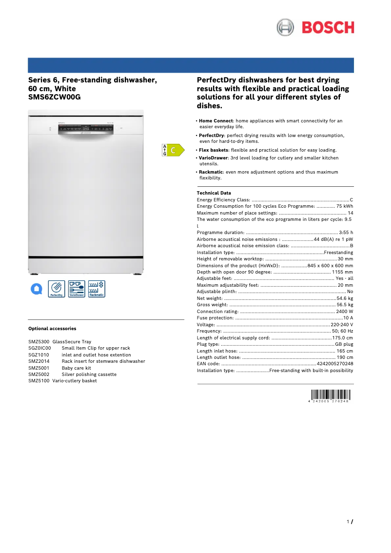 Página nº 1 - Ficha técnica Bosch SMS6ZCW00G