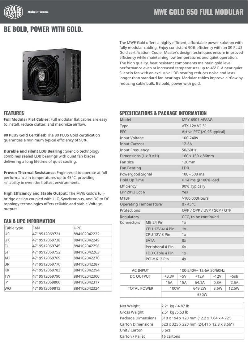 Página 1 del manual Ficha técnica Cooler Master MWE Gold 650 Full Modular