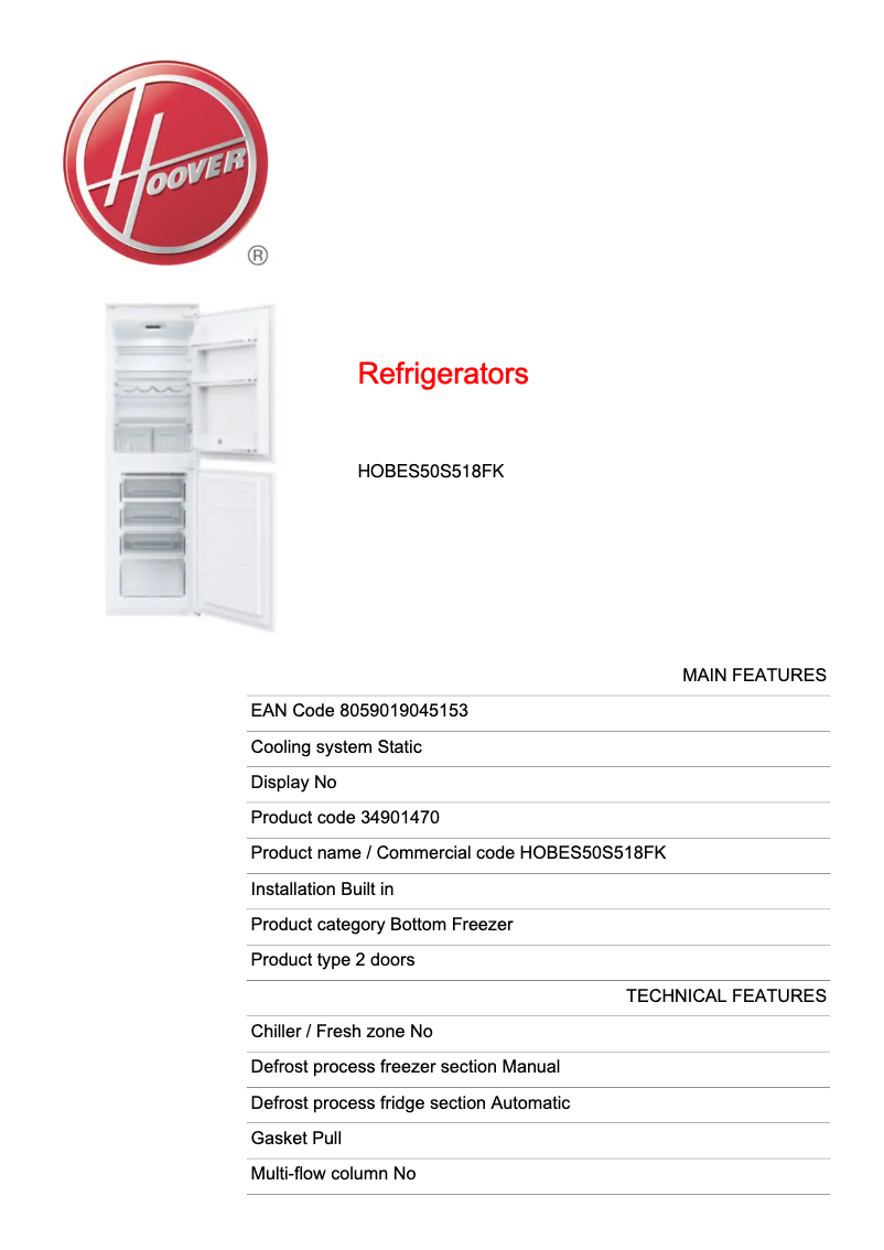 Página 1 del manual Ficha técnica Hoover HOBES50S518FK