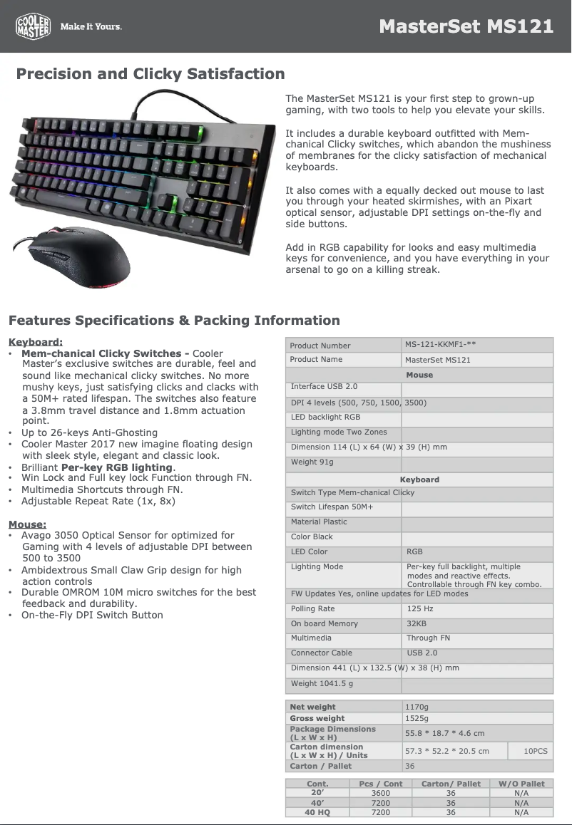 Página 1 del manual Ficha técnica Cooler Master MasterSet MS121