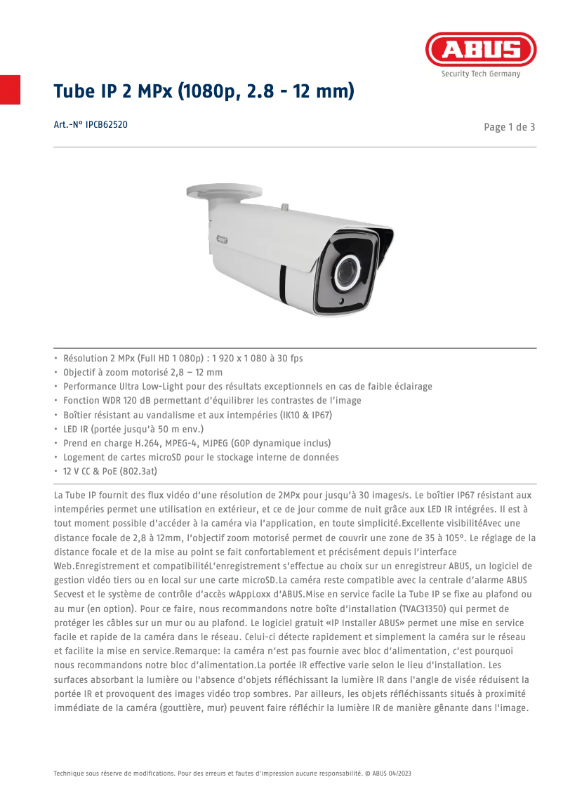 Página 1 del manual Ficha técnica Abus IPCB62520