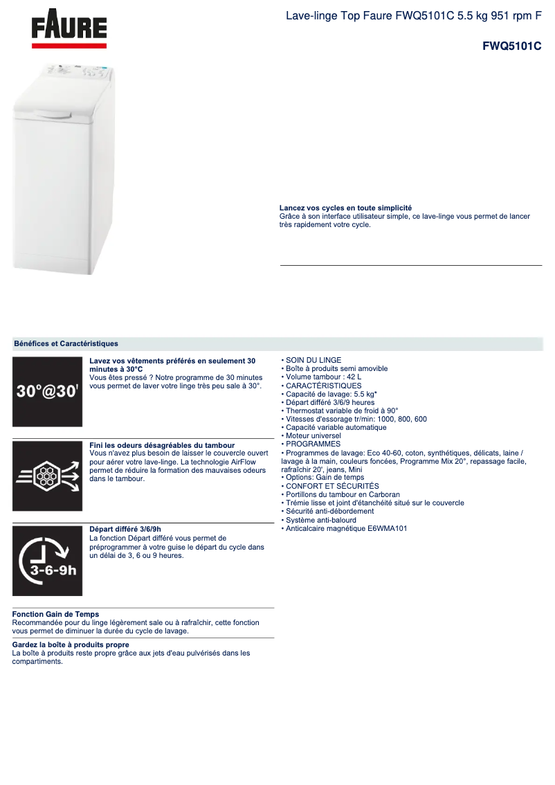 Página 1 del manual Ficha técnica Faure FWQ5101C