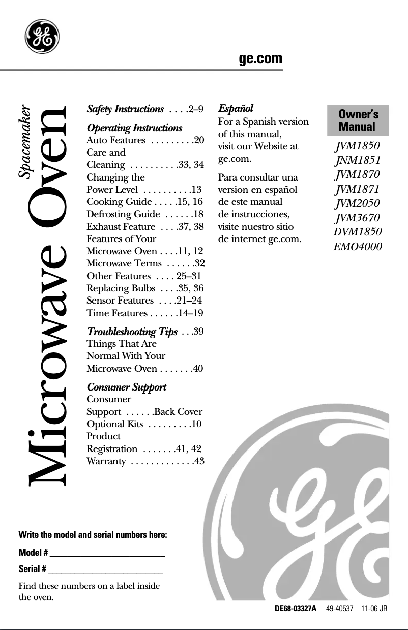 Página 1 del manual Manual de usuario GE Spacemaker JVM1850DMWW