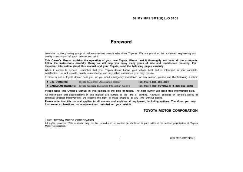 Página 1 del manual Manual de usuario Toyota MR2 Spyder (2002)