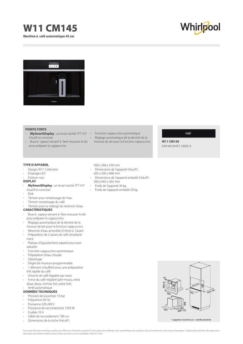 Página 1 del manual Ficha técnica Whirlpool W11 CM145