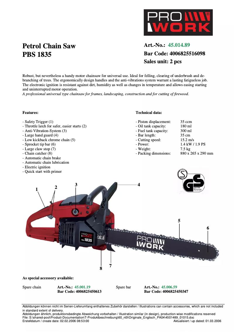 Página 1 del manual Manual de usuario Prowork PBS 1835