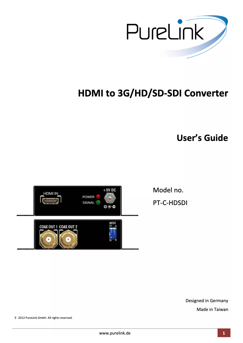 Imagen de la primera página del manual del dispositivo PT-C-HDSDI