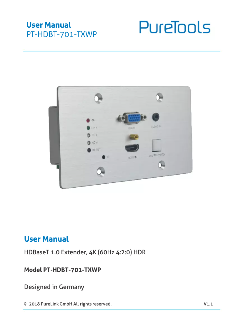 Imagen de la primera página del manual del dispositivo PT-HDBT-701-TXWP