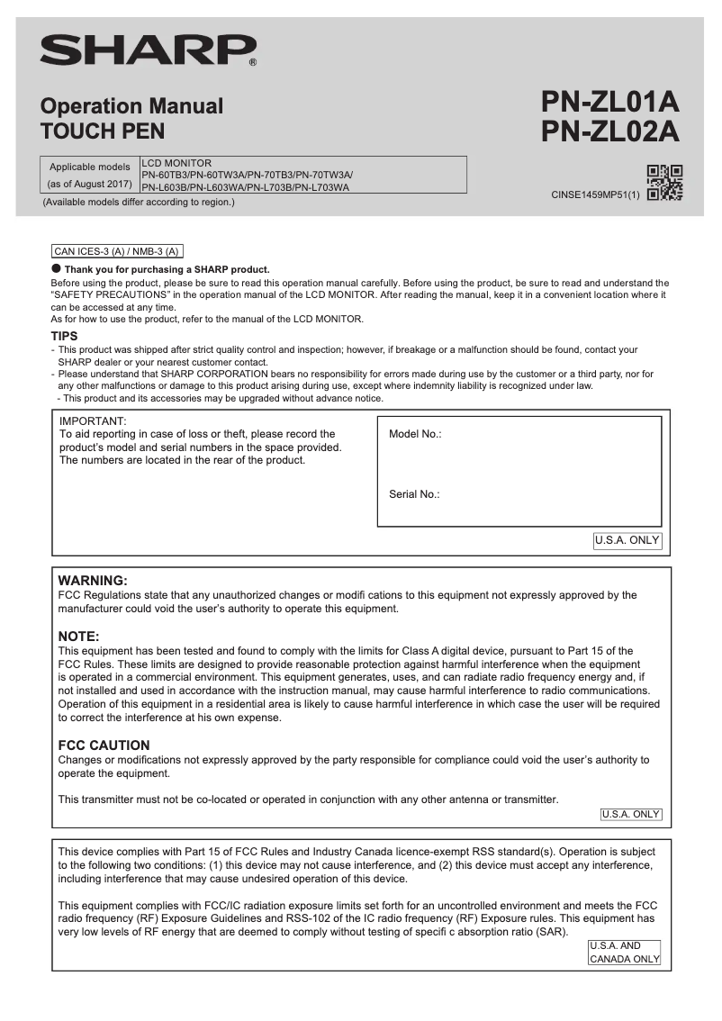 Imagen de la primera página del manual del dispositivo PN-ZL02A