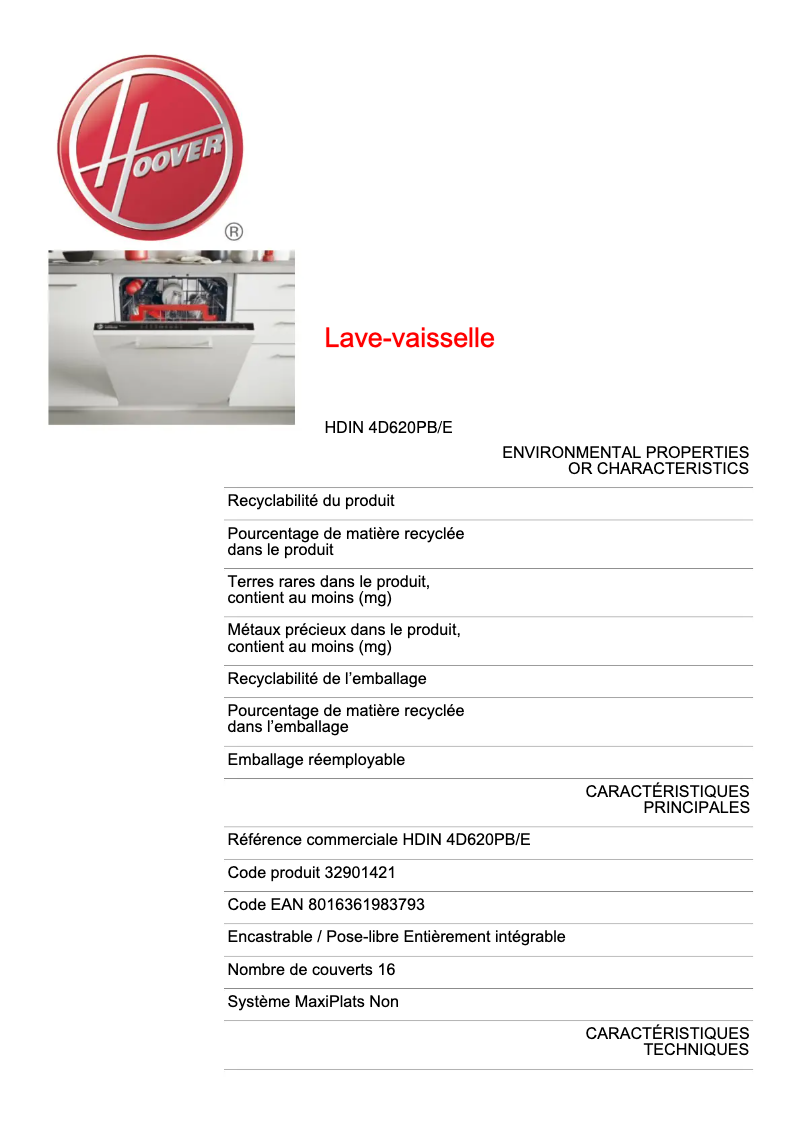 Página 1 del manual Ficha técnica Hoover HDIN 4D620PB/E