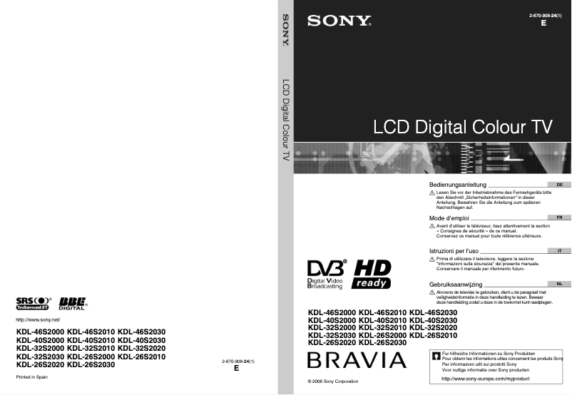 Imagen de la primera página del manual del dispositivo Bravia KDL-40S2030