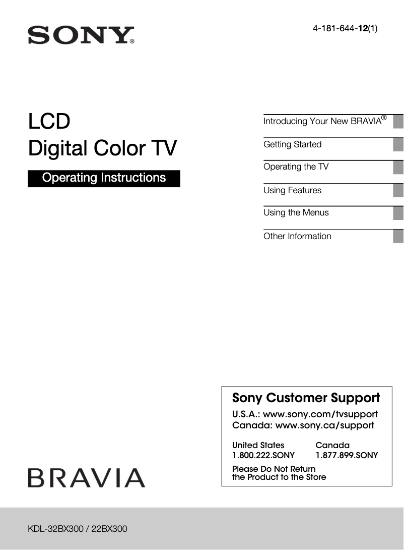 Imagen de la primera página del manual del dispositivo Bravia KDL-22BX300