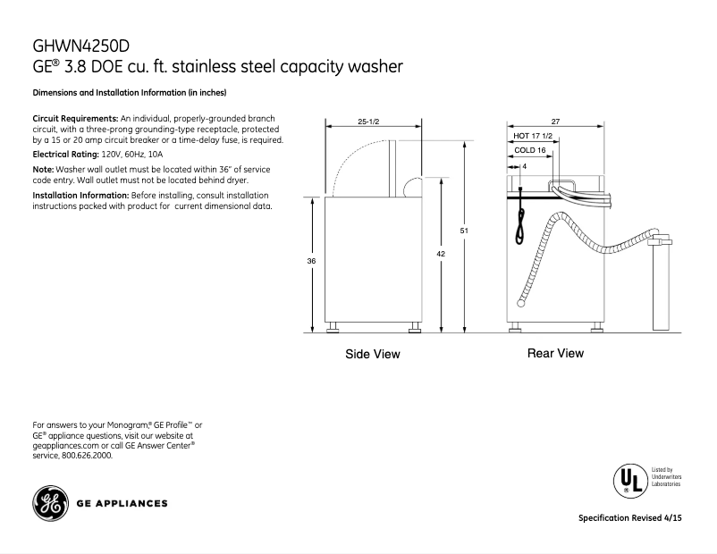 Imagen de la primera página del manual del dispositivo GHWN4250DWW