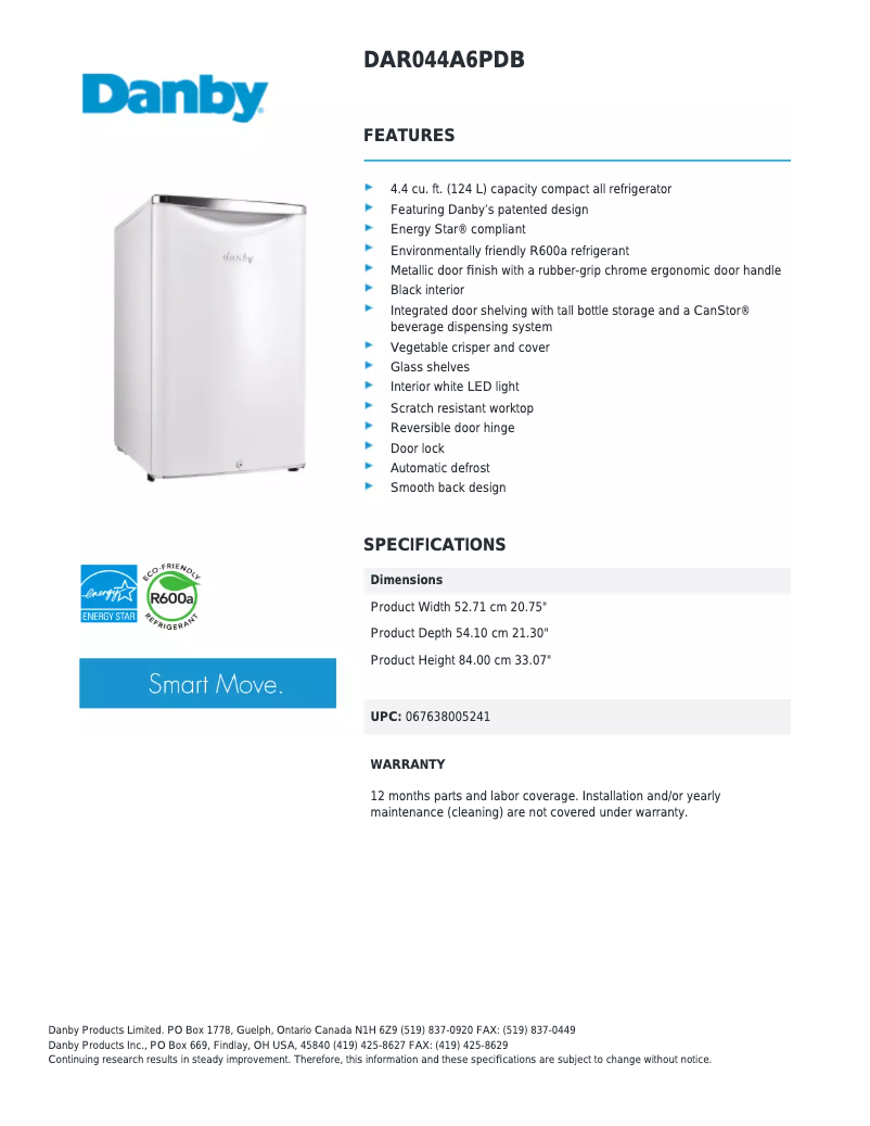 Página 1 del manual Ficha técnica Danby DAR044A6PDB
