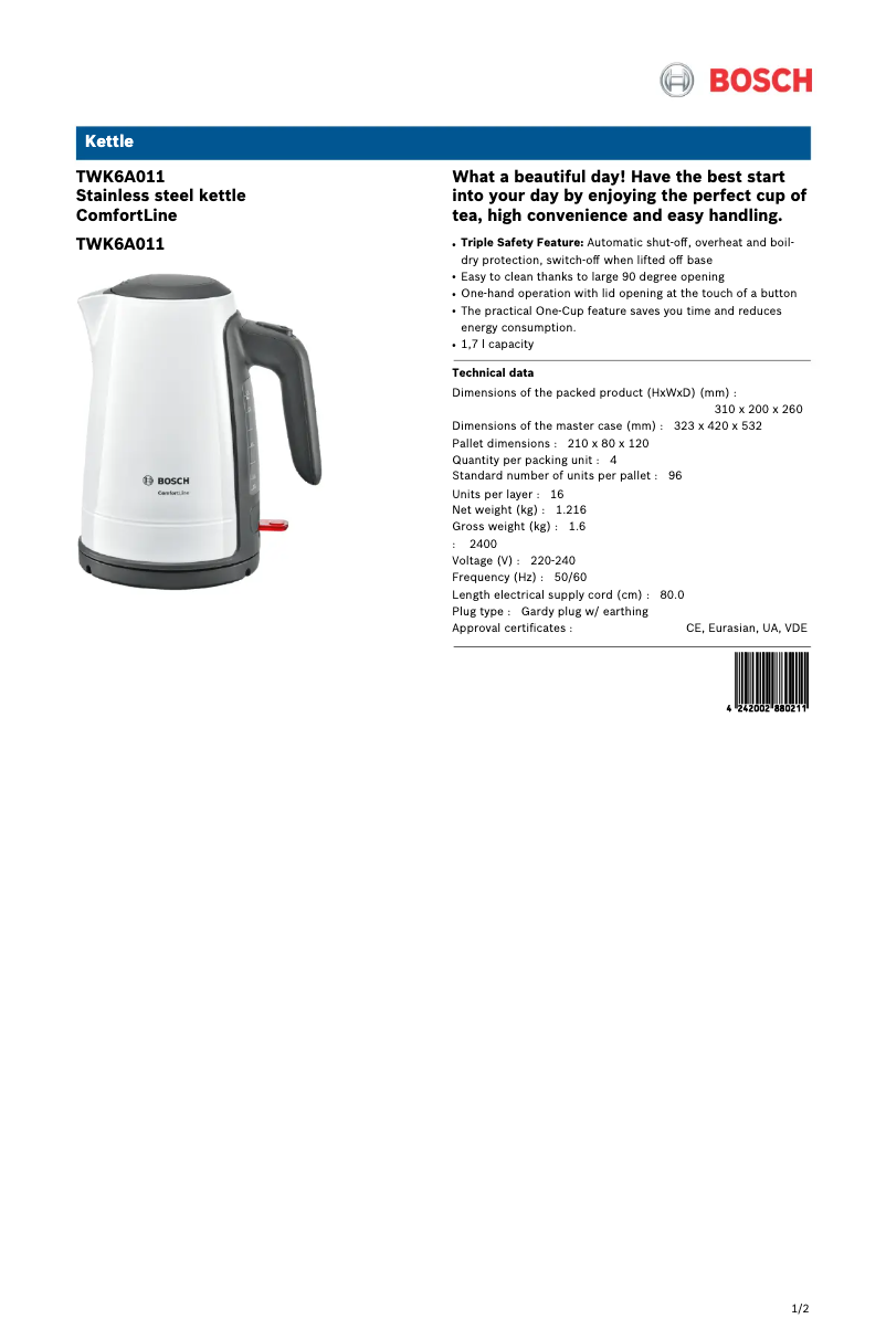 Página 1 del manual Ficha técnica Bosch TWK6A011