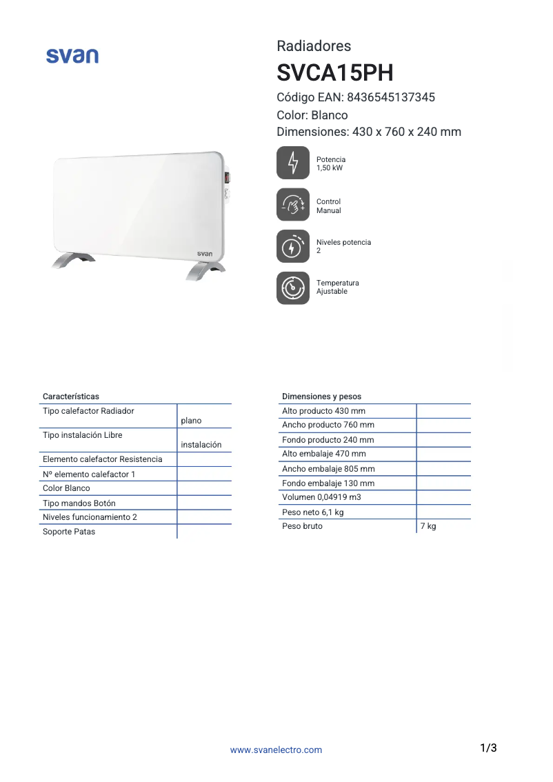Página 1 del manual Ficha técnica SVAN SVCA15PH