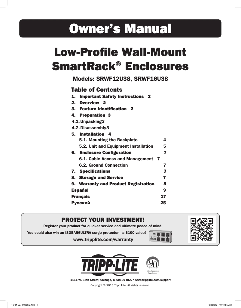 Imagen de la primera página del manual del dispositivo SmartRack SRWF16U38