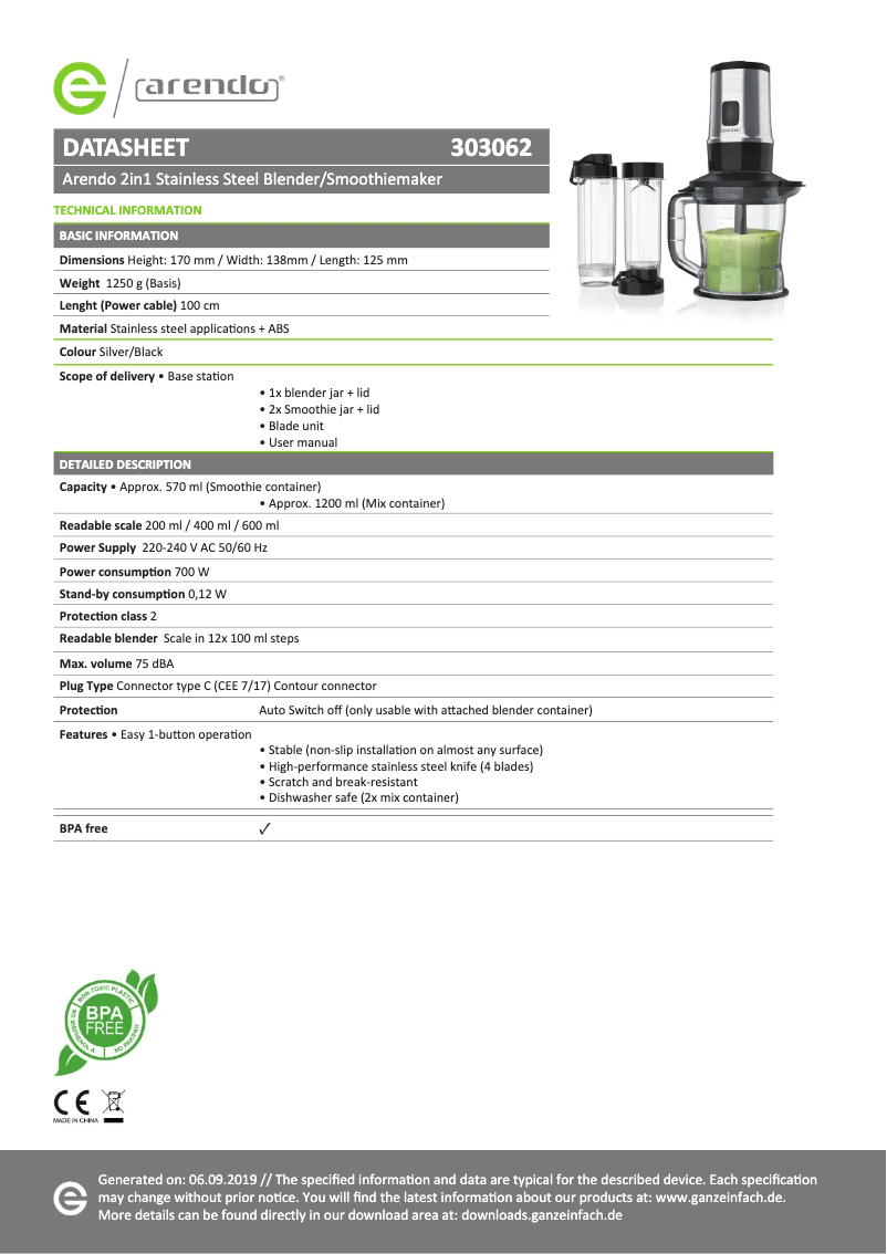 Página 1 del manual Ficha técnica Arendo 2In1 Mixer 303062